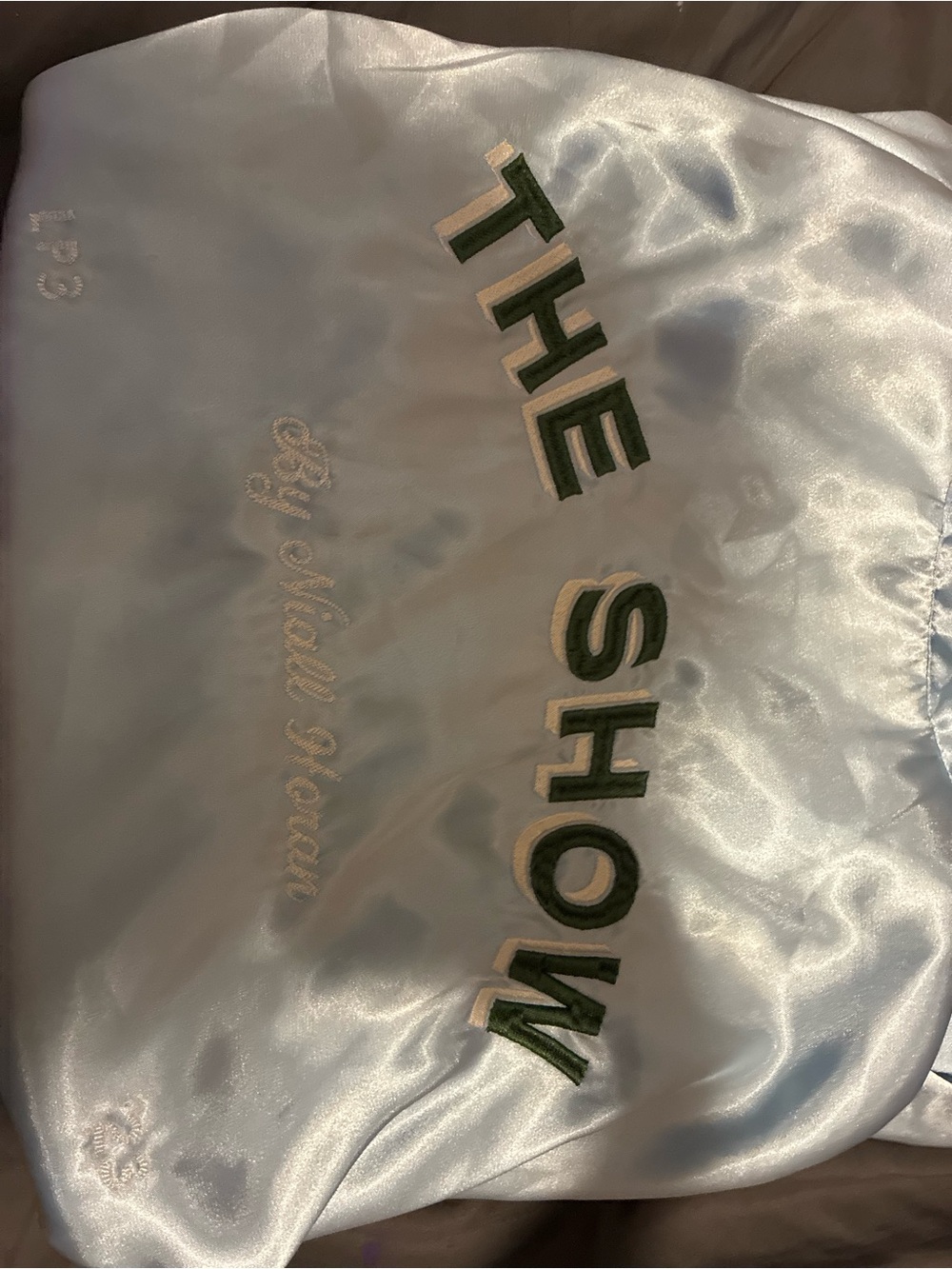 The Show Satin Button Up in Light Blue with Green Lettering RARE YONY size XL